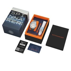 $490 Spinnaker Fluess GMT Men's Silver Blue Watch Moon White Interchangeable NIB